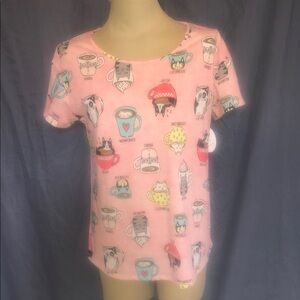 Pink Cat & Coffee Print Short Sleeve Tee (NWT)